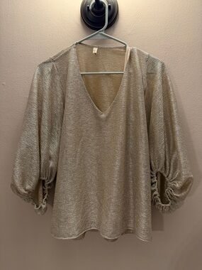 Tyche Gold Metallic V-Neck Balloon Sleeve Blouse Top Small
